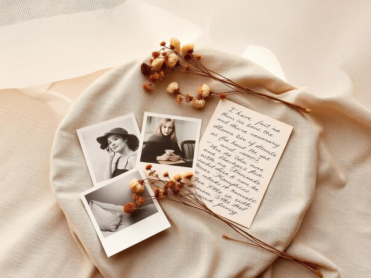Printed photographs, dried flowers and a handwritten letter on linen