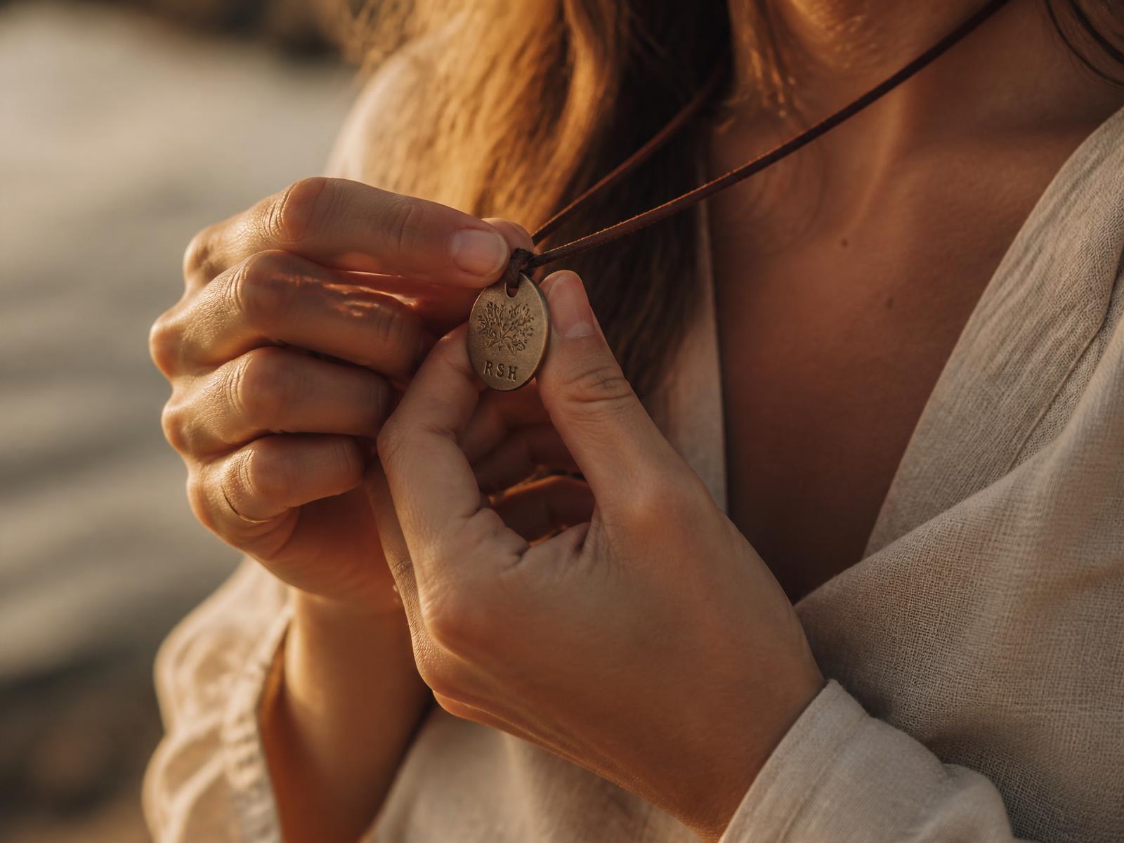 A hand holding an engraved LINKDWEAR pendant in golden evening light